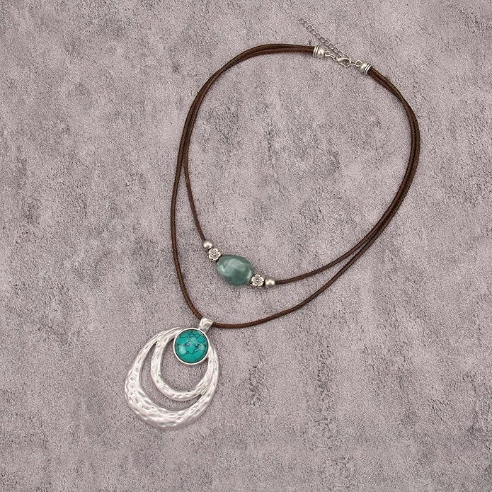Boho Necklaces for Women Chunky Circle Necklace Layered Boho Circle Leather Choker Necklace Long Vintage Necklaces Bohemian Jewlery Gifts