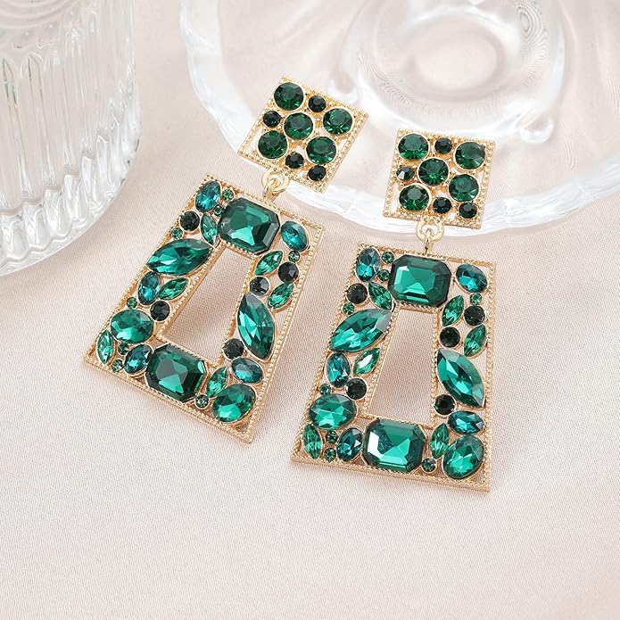 Rhinestone Rectangle Statement Earrings Colorful Crystal Geometric Drop Dangle Earrings for Women Prom Party
