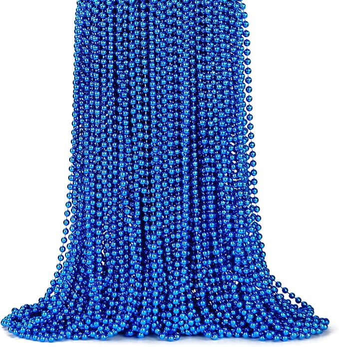 ZYFLSQ 100 Pcs 33" 7mm Metallic Blue Beads Necklaces, Bulk Mardi Gras Beaded Necklaces, Party Beads Costume Necklaces (Blue)