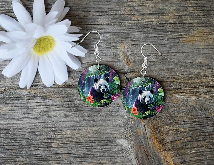 Round Wood Earrings Light Weight Printed Image Dangle Jewelry