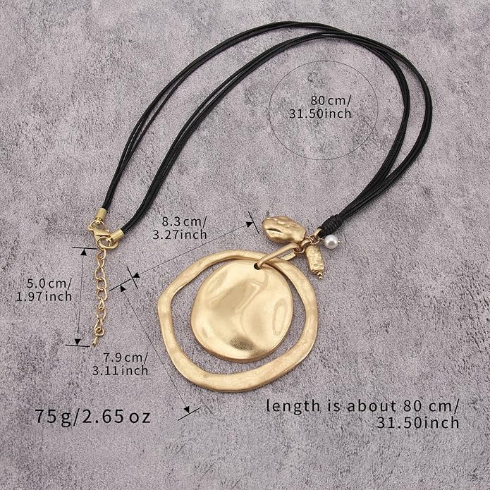 GelConnie Leather Necklace for Women Large Pendant Long Brown Necklace Circle Leather Choker Vintage Sweater Necklace Gold Chunky Boho Necklaces for Women