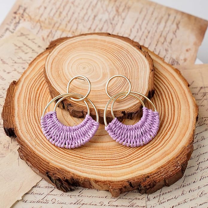 Raffia Hoop Earrings for Women Fun Boho Summer Beach Earrings Lightweight Handmade Straw Wicker Rattan Dangle Earrings Statement Geometric Round Drop Earrings