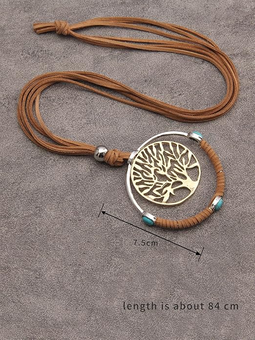 GelConnie Boho Necklaces for Women Vintage Silver Circles Long Pendant Necklace Cowgirl Sweater Necklace Adjustable Leather Choker Necklace for Women
