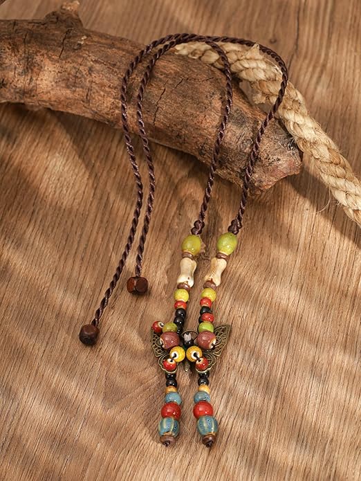 MINACHI Hippie Boho Colorful Ceramic Bead Butterfly Charm Pendant Y Necklace, Vintage Bohemian Statement Jewelry Gift for Women