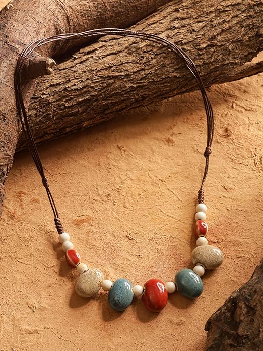 MINACHI Bohemian Hippie Colorful Ceramic Geometric Bead Strand Necklace, Vintage Boho Statement Jewelry Gift for Women