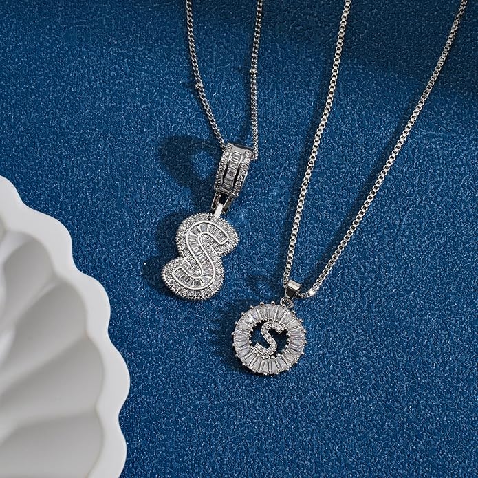 Initial Letter Necklace for Women 14k White Gold Silver Plated Dainty Necklaces Trendy Chunky Custom Layered Necklace Set Personalized Round Circle Zirconia A-Z Letter Chain Pendant Jewelry Gift