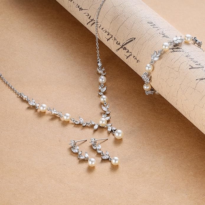 EVER FAITH Bridal Cubic Zirconia Jewelry Sets for Women, White Simulated Pearl Leaf Vine Pendant Wedding Party Necklace Earrings Set for Bridesmaid Bride