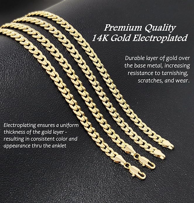 Gold Electroplated Anklet for Women, 9-12 Inch Sizes, Figaro, Cuban, Mariner, Herringbone Design - Made in Korea