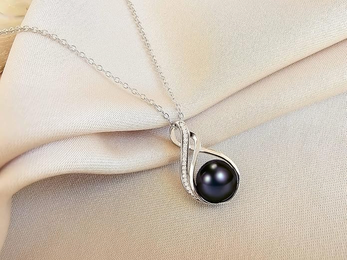 Black pearl necklace for women (Natural AAA+ 9mm) - Wedding anniversary's gift for wife (18k gold platted 925 sterling Silver)- christmas gifts for wife - Real pearls necklace for women - black pearls necklace - pearl pendant