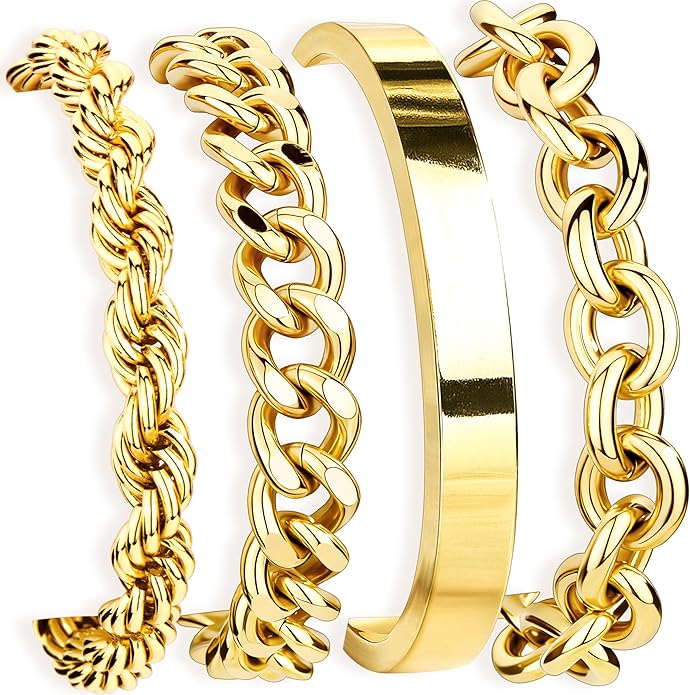 Chunky Gold Bracelets Stack for Women Non Tarnish, Waterproof 14K Gold Plated Bangle Cuff Bracelets Set for Women Trendy Thick Layered Cuban Link Chain Paperclip Rope Stackable Bracelet for Jewelry Gifts