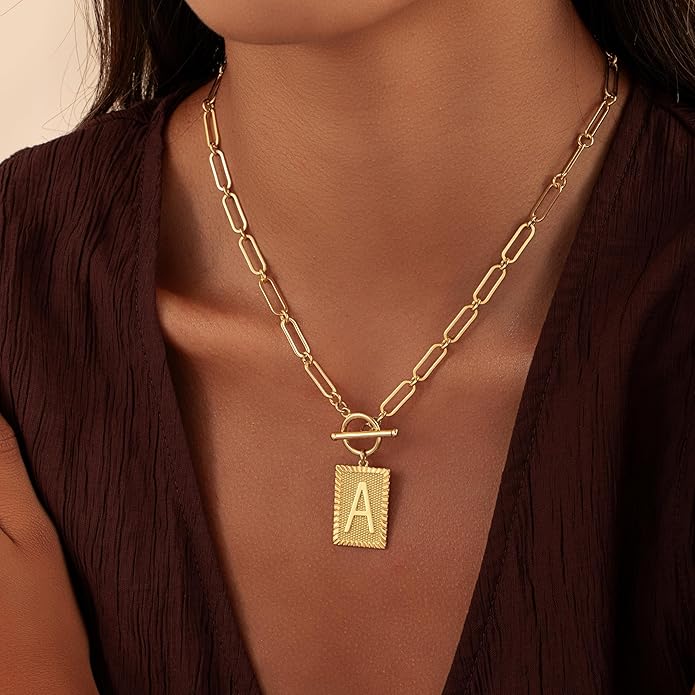 14K Gold Plated Initial Letter Necklace for Women, Personalized Alphabet Pendant with Inspirational Engraving, Paperclip Chain Non-Tarnish Jewelry Gift for Her
