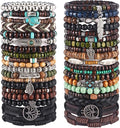 Jewdreamer 38Pcs Punk Wooden Beads Bracelets Gothic Bracelet for Men Adjustable Vintage Beaded Bracelet Metal Set Wood Bangles Wristbands Commemorative Jewelry Gift