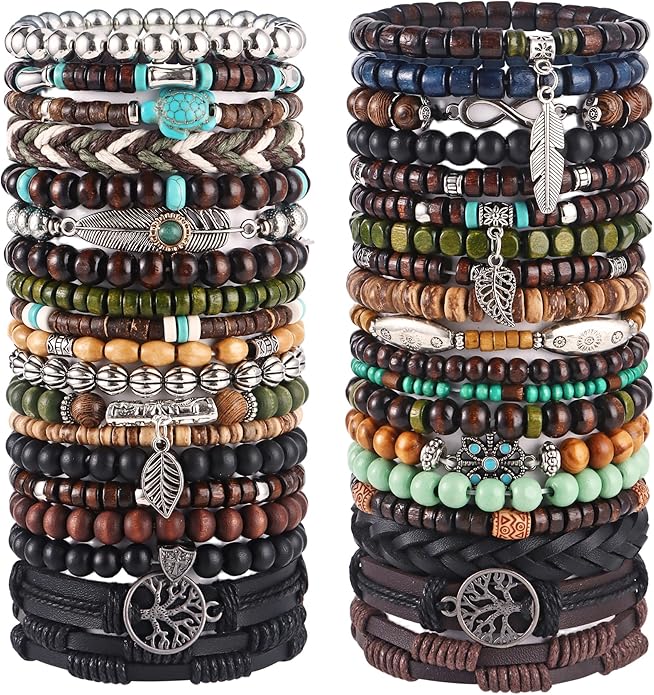 Jewdreamer 38Pcs Punk Wooden Beads Bracelets Gothic Bracelet for Men Adjustable Vintage Beaded Bracelet Metal Set Wood Bangles Wristbands Commemorative Jewelry Gift