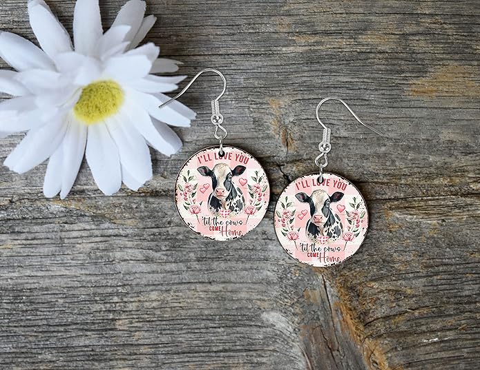 Round Wood Earrings Light Weight Printed Image Dangle Jewelry