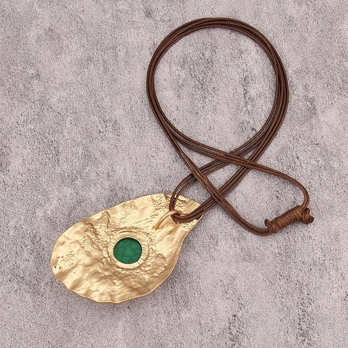 GelConnie Leather Necklace for Women Large Pendant Long Brown Necklace Circle Leather Choker Vintage Sweater Necklace Gold Chunky Boho Necklaces for Women