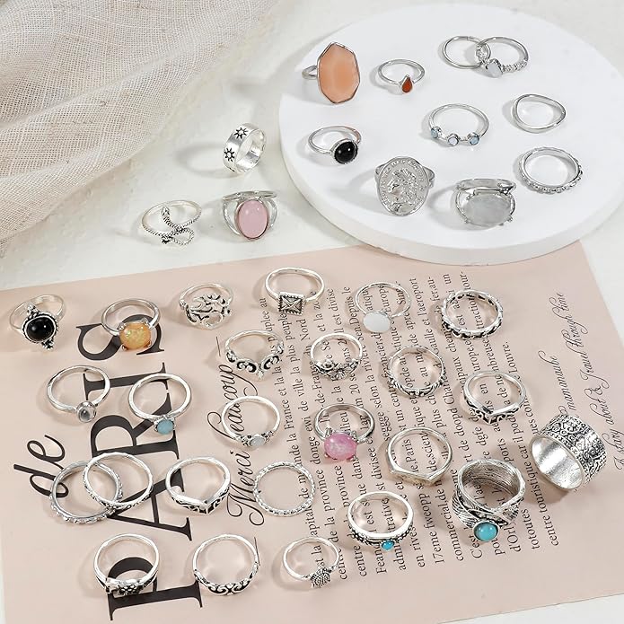 Subiceto 70 Pcs Vintage Crystal Ring Set Knuckle Rings for Women Bohemian Stackable Joint Rings Retro Boho Stacking Joint Finger Rings Pack