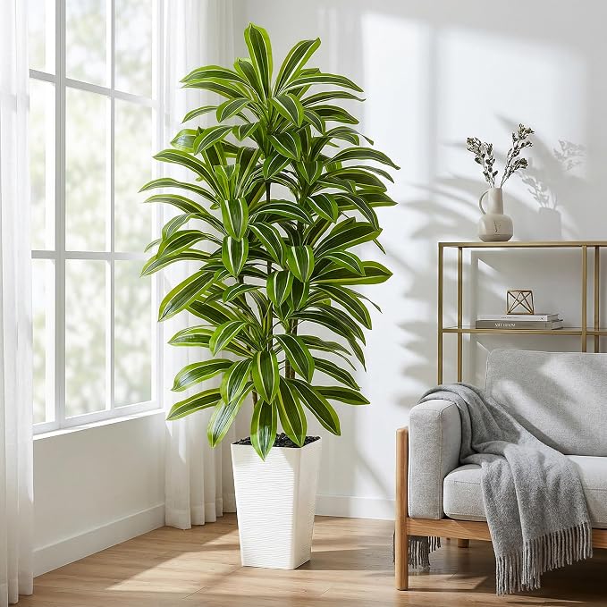 Artificial Dracaena Tree: 6FT Fake Plants Silk Faux Trees（White Pot） | - Image 8