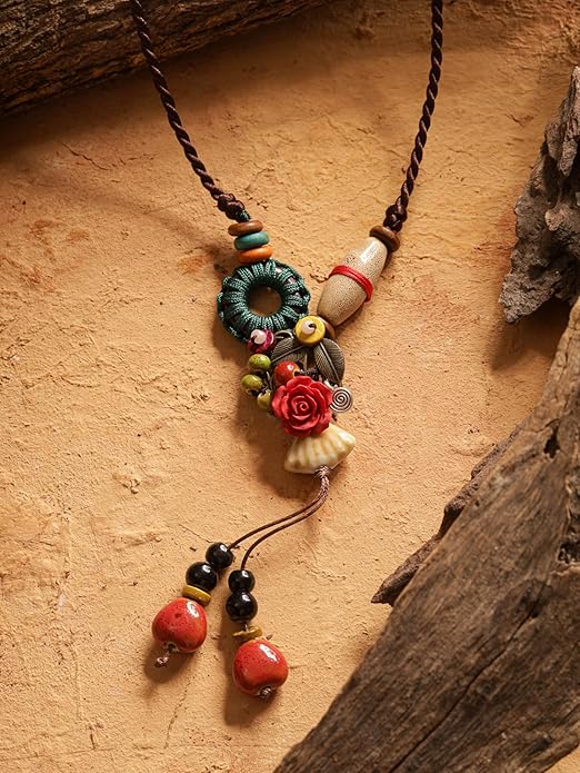 MINACHI Boho Hippie Colorful Ceramic Beads Strand O Ring Circle Charm Long Y Necklace, Vintage Bohemian Statement Jewelry Gift for Women
