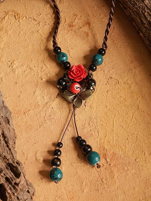MINACHI Vintage Bohemian Colorful Ceramic Bead Antique Flower Y Necklace, Vintage Boho Hippie Statement Jewelry Gift for Women