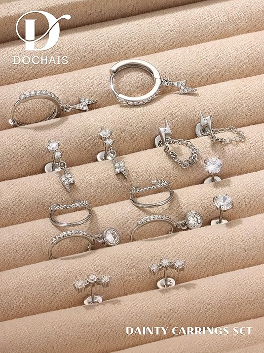 Dochais Flat Back Cartilage Earrings for Women Trendy Dainty CZ Flatback Studs Earing Sets 14k Gold Plated Hypoallergenic Huggie Hoops Earring Stacks for Multiple Piercing