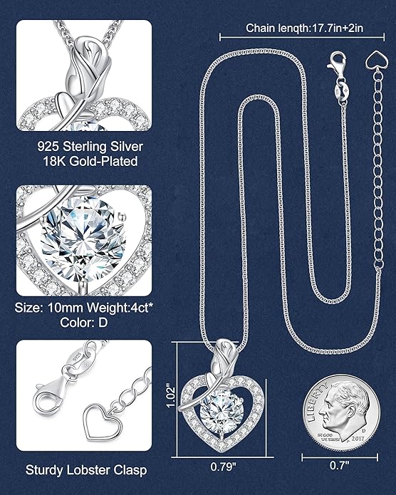 Rose Heart Pendant Necklace for Wife, 2-4 Carat Moissanite 925 Sterling Silver Necklace, Wedding Anniversary Present or Birthday Christmas Valentines Day Jewelry for Wife Her Girlfriend Mom Daughter