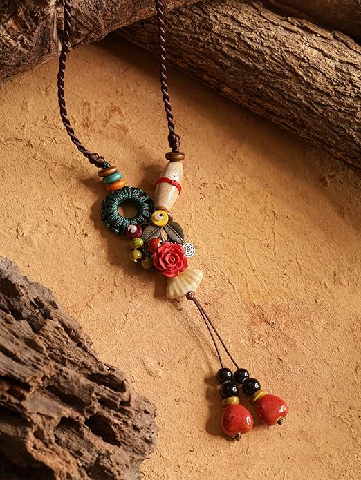 MINACHI Boho Hippie Colorful Ceramic Beads Strand O Ring Circle Charm Long Y Necklace, Vintage Bohemian Statement Jewelry Gift for Women