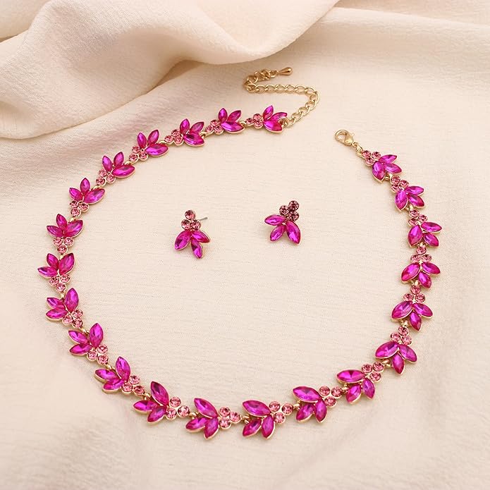 Bridal Wedding Crystal Leaf Choker Necklace Dangle Earring Bracelet Brides Bridesmaid Jewelry Set for Women
