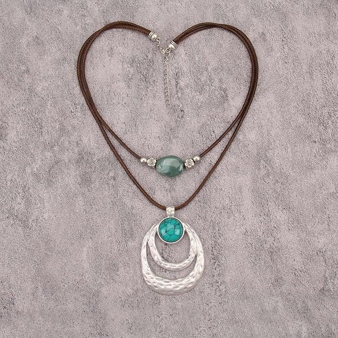 Boho Necklaces for Women Chunky Circle Necklace Layered Boho Circle Leather Choker Necklace Long Vintage Necklaces Bohemian Jewlery Gifts