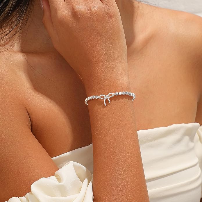 Gold Bracelets for Women, Cute 14K Gold/Silver Plated Stretch Beaded Bracelets for Women Trendy Stackable Charm Bracelet Dainty Adjustable Waterproof Non Tarnish Jewelry Gifts for Her