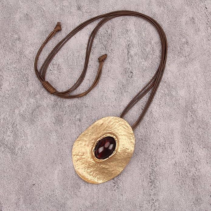 GelConnie Leather Necklace for Women Large Pendant Long Brown Necklace Circle Leather Choker Vintage Sweater Necklace Gold Chunky Boho Necklaces for Women