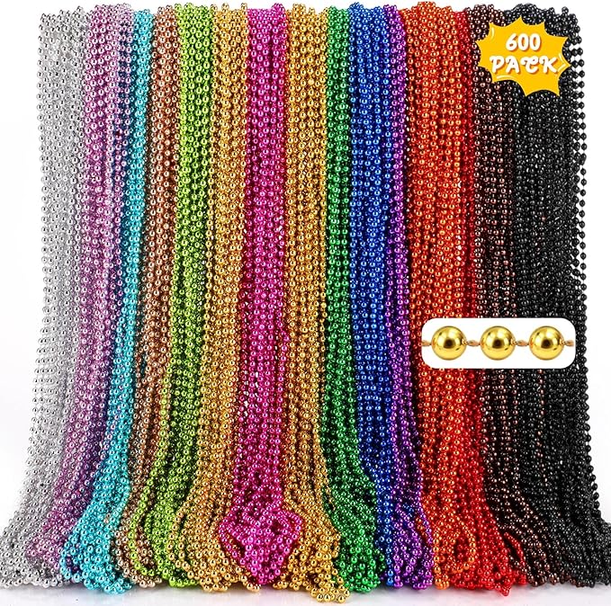 Ecally 600 Pcs Mardi Gras Beads Necklaces Bulk 15 Metallic Colors 33 5mm Party Necklaces Colorful Carnival Parade Beads for Party Favors Costume Accessories Festival Decorations for Men Women