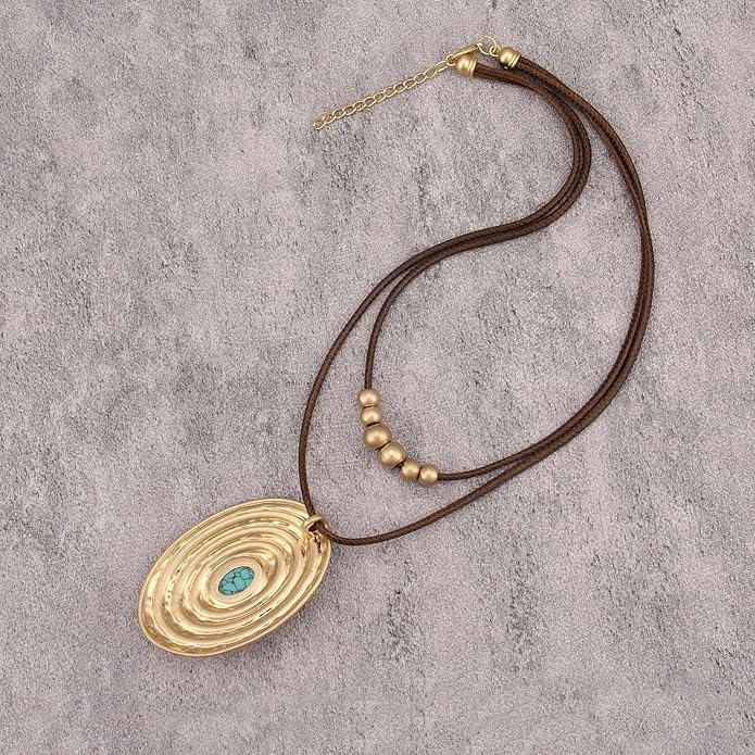 Boho Necklaces for Women Chunky Circle Necklace Layered Boho Circle Leather Choker Necklace Long Vintage Necklaces Bohemian Jewlery Gifts