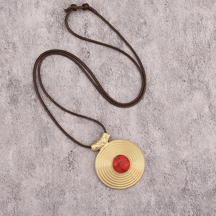 Boho Leather Necklace Women Bohemian Brown Circle Pendant Necklace Choker Long Necklaces for Women Boho Ring Large Pendant