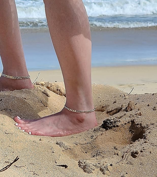 Gold Electroplated Anklet for Women, 9-12 Inch Sizes, Figaro, Cuban, Mariner, Herringbone Design - Made in Korea