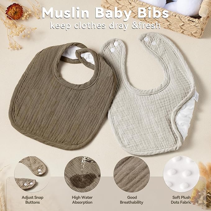 Muslin Baby Bibs for Unisex Boys Girls, Cotton Drool Bibs, Adjustable Newborn Bibs for Drooling and Teething