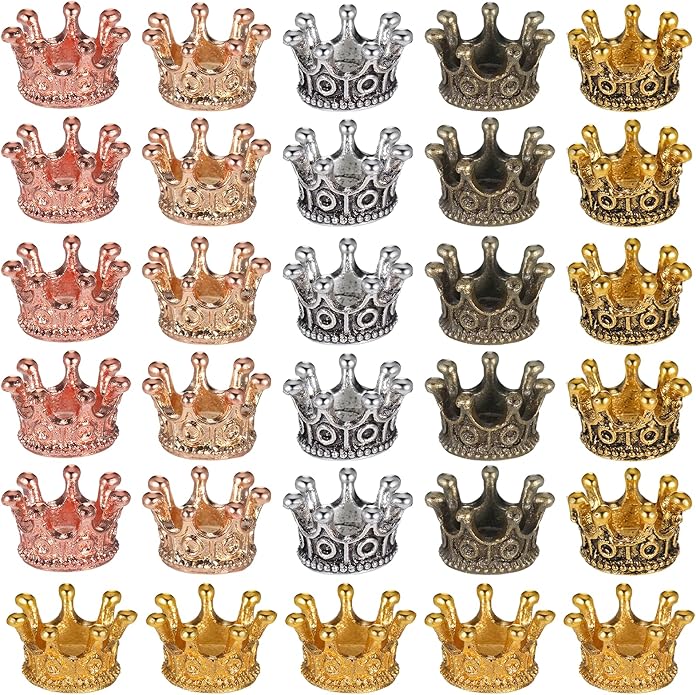 30 PCS Mini Crowns for Crafts, Mixed Color Vintage Crown Charms 3D Alloy King Crown‘s Beads Large Hole Spacer Beads for DIY Crafts Jewelry Necklace Making Supplies