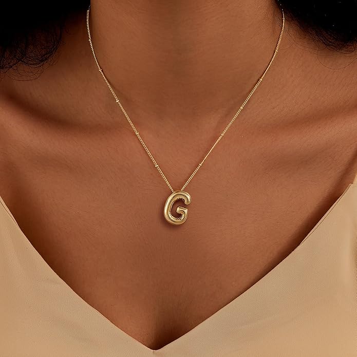 Inerney Valentines Day Gifts Gold Bubble Letter Necklace Initial Necklaces for Women, Chunky 14K Plated Balloon Initials, Trendy Charm Non Tarnish Custom Name Pendant Jewelry Gifts for Mom