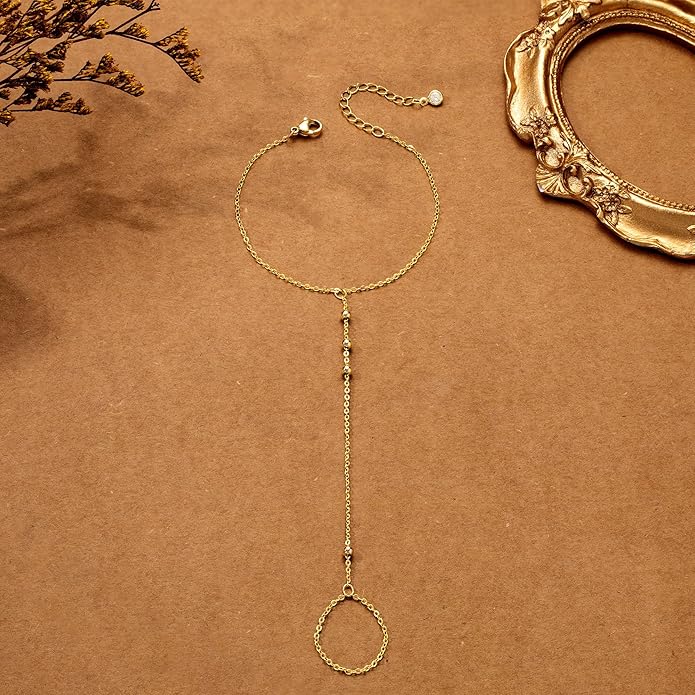 CHESKY 14K Gold Plated Hand Chain Bracelets for Women Set - Dainty Finger Ring Bracelet Stack Adjustable Hand Chains Durable Beaded Bracelets Trendy Simple Body Jewelry Gift for Women
