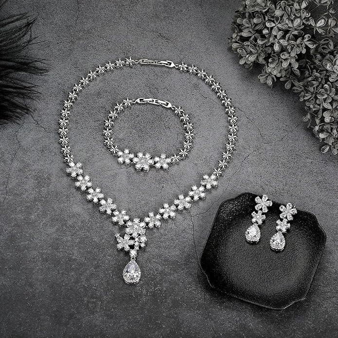 Hadskiss Jewelry Set for Women, Necklace Dangle Earrings Bracelet Set with White AAA Cubic Zirconia, Allergy Free Wedding Party Jewelry for Bridal Bridesmaid