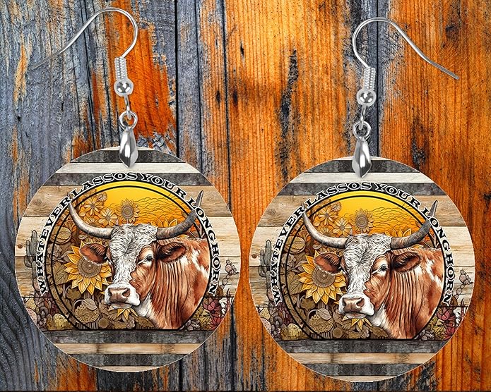 Round Wood Earrings Light Weight Printed Image Dangle Jewelry