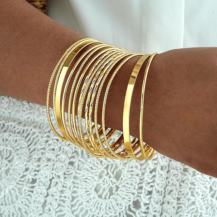 ÌF ME Gold Bangle Bracelets for Women, Indian Bangles Stackable Set, Multi Layer Textured 14K Gold Plated Chunky Bracelets Boho Jewelrys Set