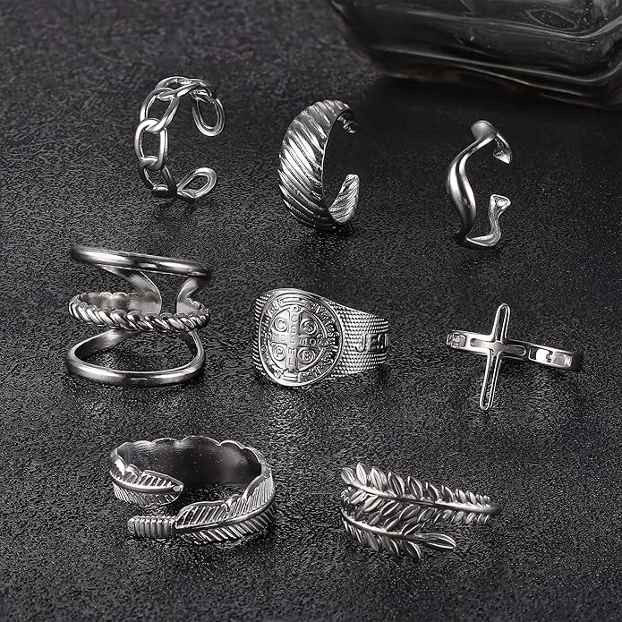 LOLIAS 16Pcs Stackable Stainless Steel Rings for Women Chunky Silver Rings Non Tarnish Ring Open Adjustable Thumb Finger Statement Ring Set
