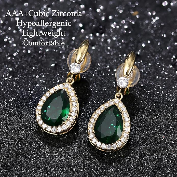 THUNARAZ Elegant Clip on Earrings for Women Sparkling Teardrop Dangle Clip Earrings Non-Pierced Rhinestone Cubic Zirconia Wedding Prom Jewelry 14K Gold and Silver Tone