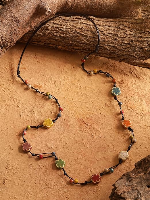 MINACHI Hippie Bohemian Colorful Ceramic Bead Long Strand Necklace, Boho Hippie Beach Summer Statement Jewelry Gift for Women