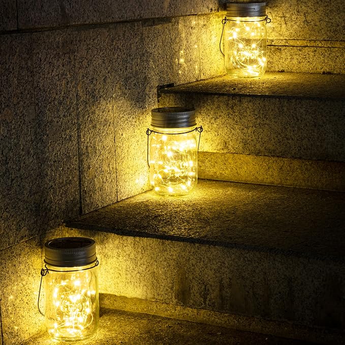 GIGALUMI Hanging Mason Jar Solar Lights, 6 Pack 30 Led Hanging Lantern | Solar - Image 4