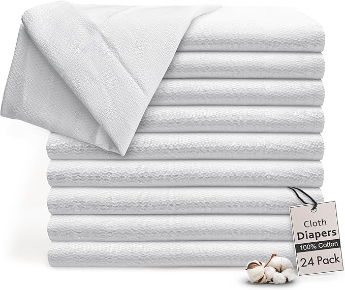 RUVANTI Unisex Birdseye Flat-Fold Cloth Diapers for Babies 24 Pack, 100% Cotton Reusable Diaper Inserts 23x23 Inches, White