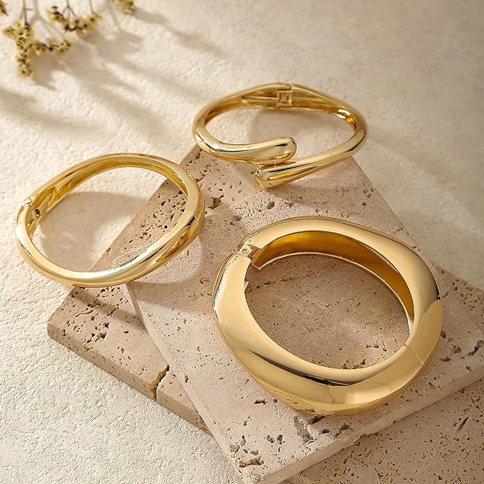 2/3/6pcs Chunky Gold Bangle Cuff Bracelets for Women, Dainty 14K Gold Plated Stackable Bangles Bracelet Set Jewelry Gift