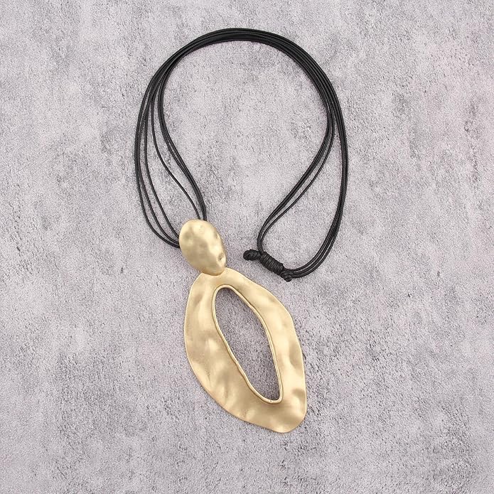 GelConnie Leather Necklace for Women Large Pendant Long Brown Necklace Circle Leather Choker Vintage Sweater Necklace Gold Chunky Boho Necklaces for Women