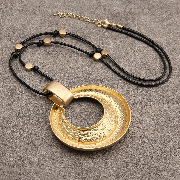 GelConnie Leather Necklace for Women Large Pendant Long Brown Necklace Circle Leather Choker Vintage Sweater Necklace Gold Chunky Boho Necklaces for Women