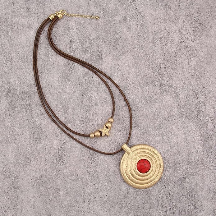 Boho Necklaces for Women Chunky Circle Necklace Layered Boho Circle Leather Choker Necklace Long Vintage Necklaces Bohemian Jewlery Gifts